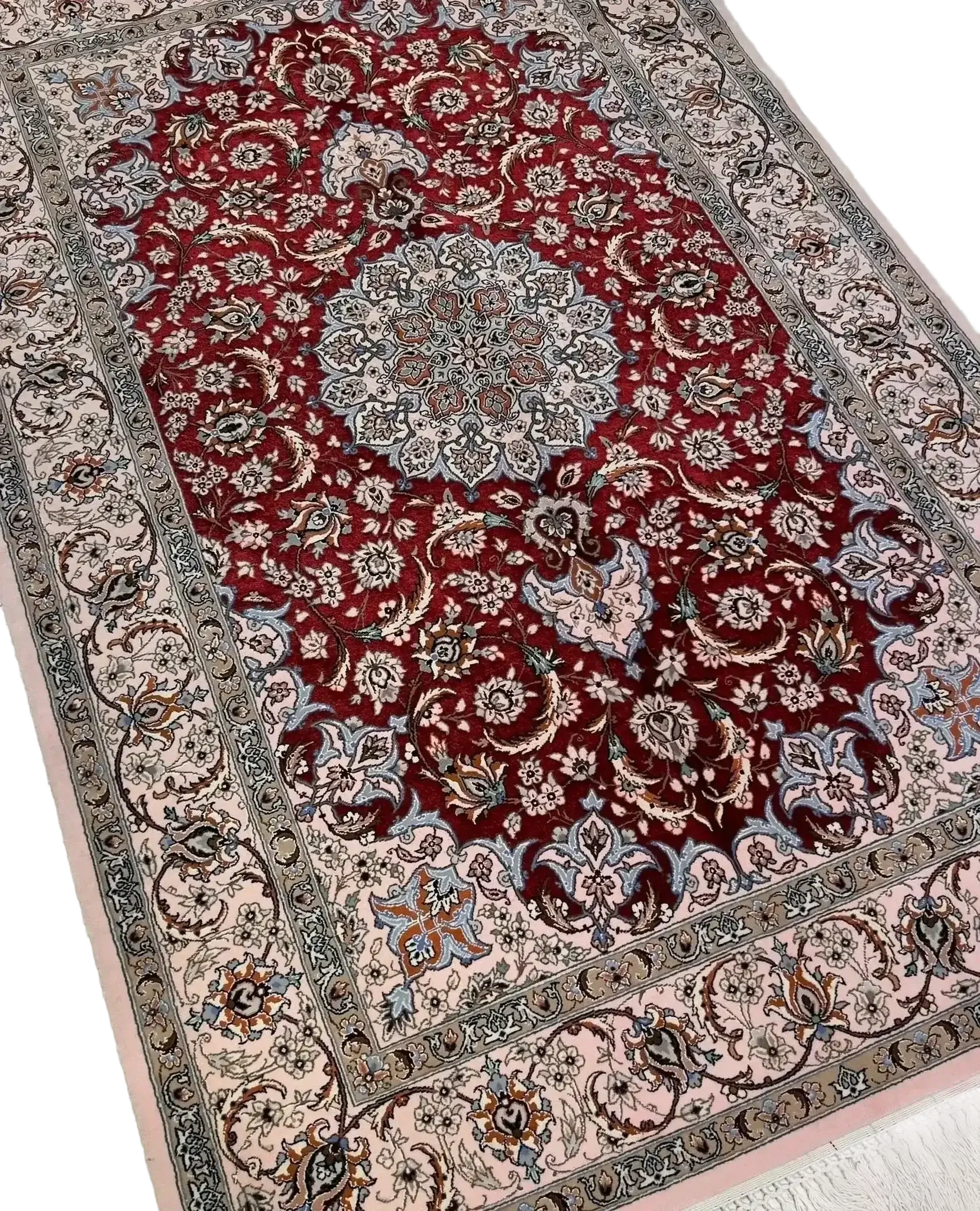 "Exquisite Isfahan Persian rug, hand-knotted by Taghiezadeh using silk and wool. Measuring 170 cm x 107 cm, this luxurious rug features intricate designs with a knot density of 810,000 knots per square meter. Only one Persian rug available for online purchase."